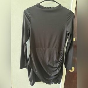 High neck,long sleeve,hidden zipper in the back,ruched bottom,mini-length dress
